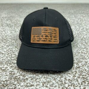 American Flag Fish Leather Patch Hat Cap Snap Back Black Mesh Trucker Mens